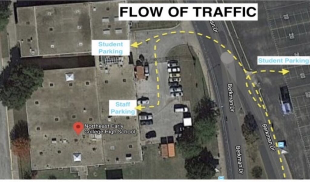 Traffic Flow Map for Northeast Early College High School An aerial satellite view of Northeast Early College High School, located off Berkman Drive, detailing the specific "FLOW OF TRAFFIC" for students and staff. Key features of the map include: Traffic Directions: Yellow dashed arrows indicate vehicle movement. Traffic enters from Berkman Drive, with one path leading into a parking lot next to the school building and another path continuing north along Berkman Drive toward a larger parking area. Parking Designations: * Student Parking: Two areas are marked. One is a small lot immediately adjacent to the north side of the school building, and the other is a larger lot across from Berkman Drive on the right side of the image. Staff Parking: A specific area is labeled near the center-right of the main school building, accessible via the inner parking loop. Building Location: A red Google Maps pin identifies the Northeast Early College High School main building. Road Layout: Berkman Drive runs vertically along the right side of the school campus, serving as the primary access point for the highlighted traffic routes.